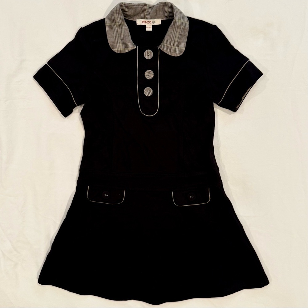Kenzo Kids Polo Dress Girls 6 114 cm Plaid Collar Buttons Black Designer Paris